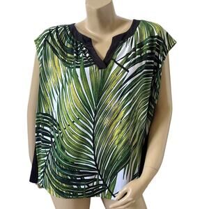 Worthington Womens Plus Size 1X Sleeveless Tropical Print Split Neck Blouse